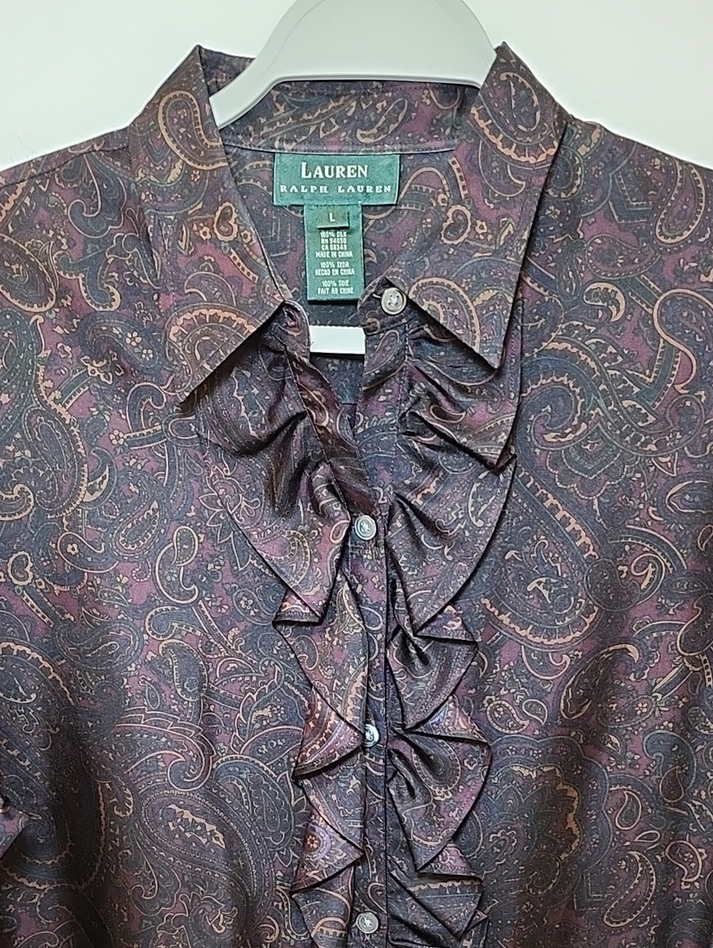 Ralph Lauren Women's 100 % Silk formal blouse paisley print  ruffle front Size L - Picture 8 of 16